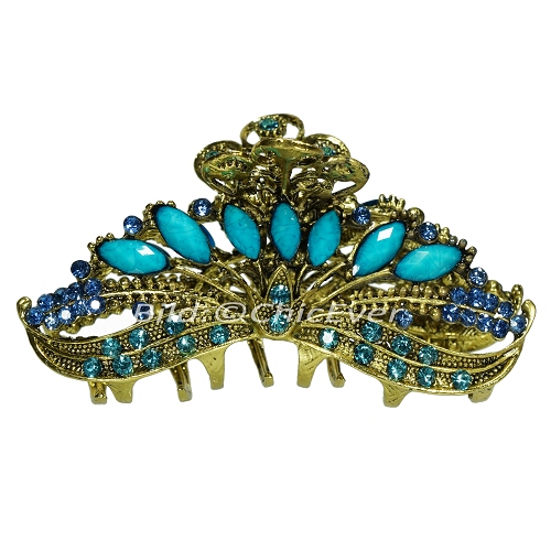 Haargreifer L Vintage Haarkneifer Haarklammer Metall & Strass türkis blau gold 5117e - zum Schließen ins Bild klicken